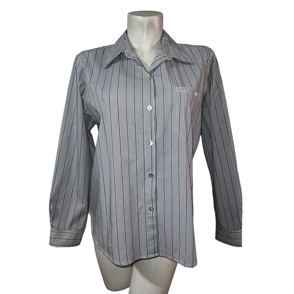 Chico's Top Black White Striped Button Shirt Long Sleeve Women's Size L (2)